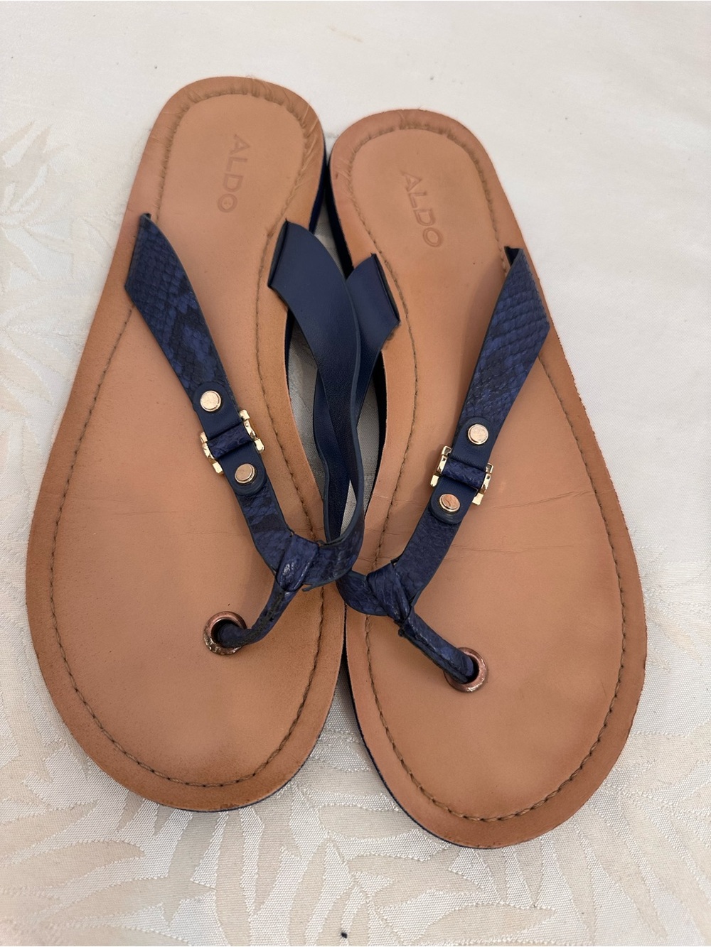 ALDO Navy Blue Leather Toe-Ring Sandals with Gold Accents